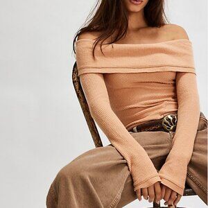 NWT Free People Intimately Cozy Bodysuit Top S Soft Toasted Beige Off Shoulder